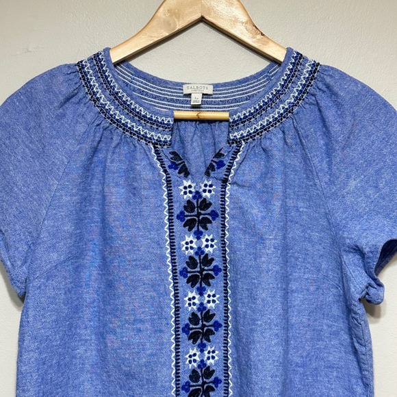 Talbots Petite Embroidered Linen Blend Top‎ Womens LP Floral Boho Resort Beach - Picture 2 of 9